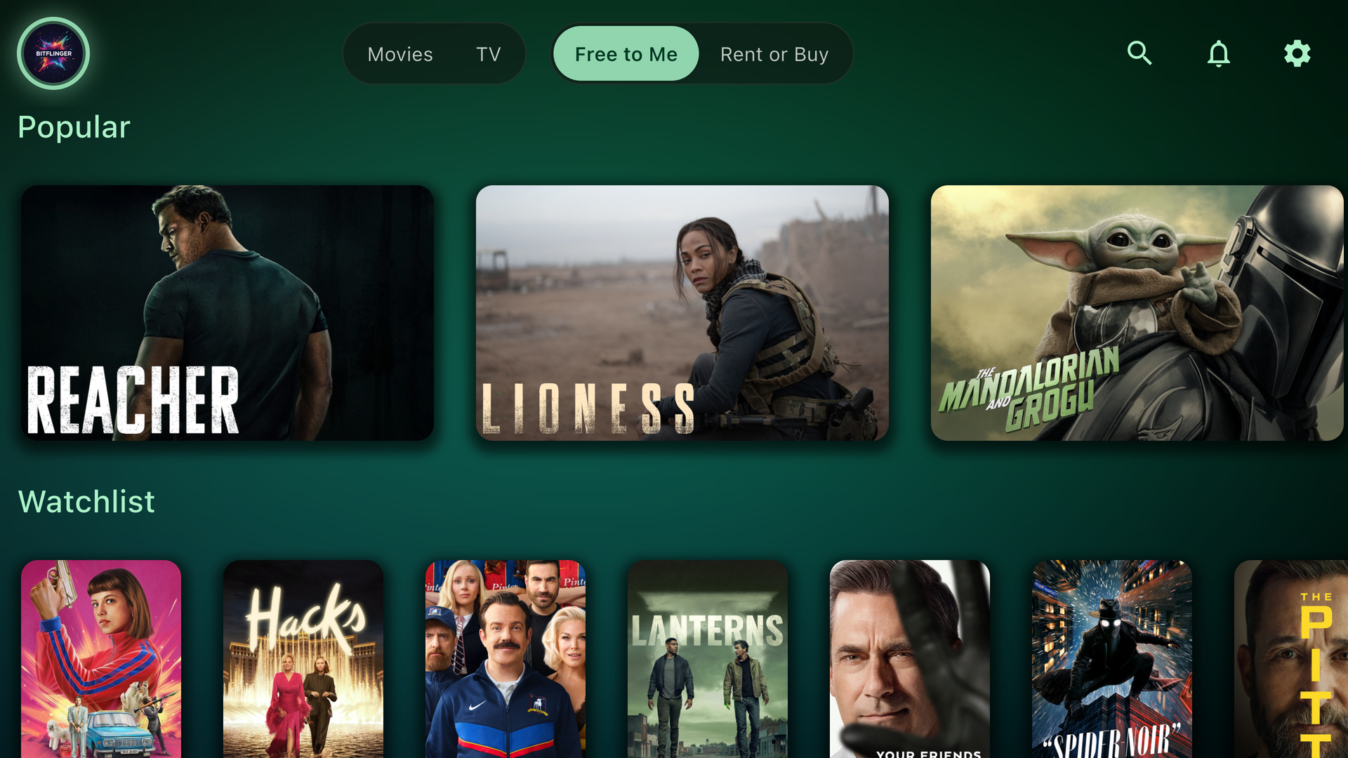The Bitflinger TV home screen on Apple TV, with the notification bell in the top bar
