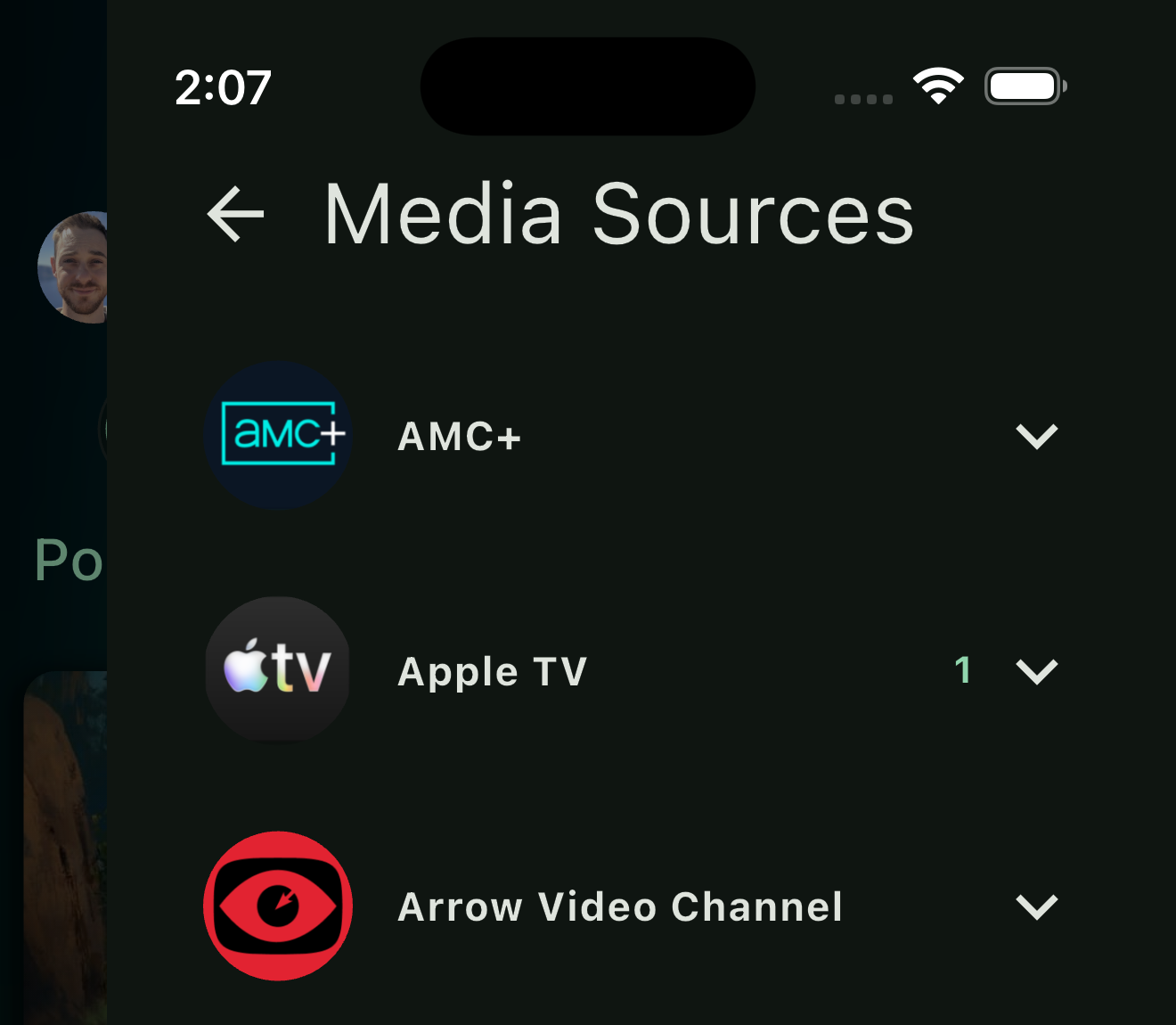 The Media Sources list, grouped by streaming service