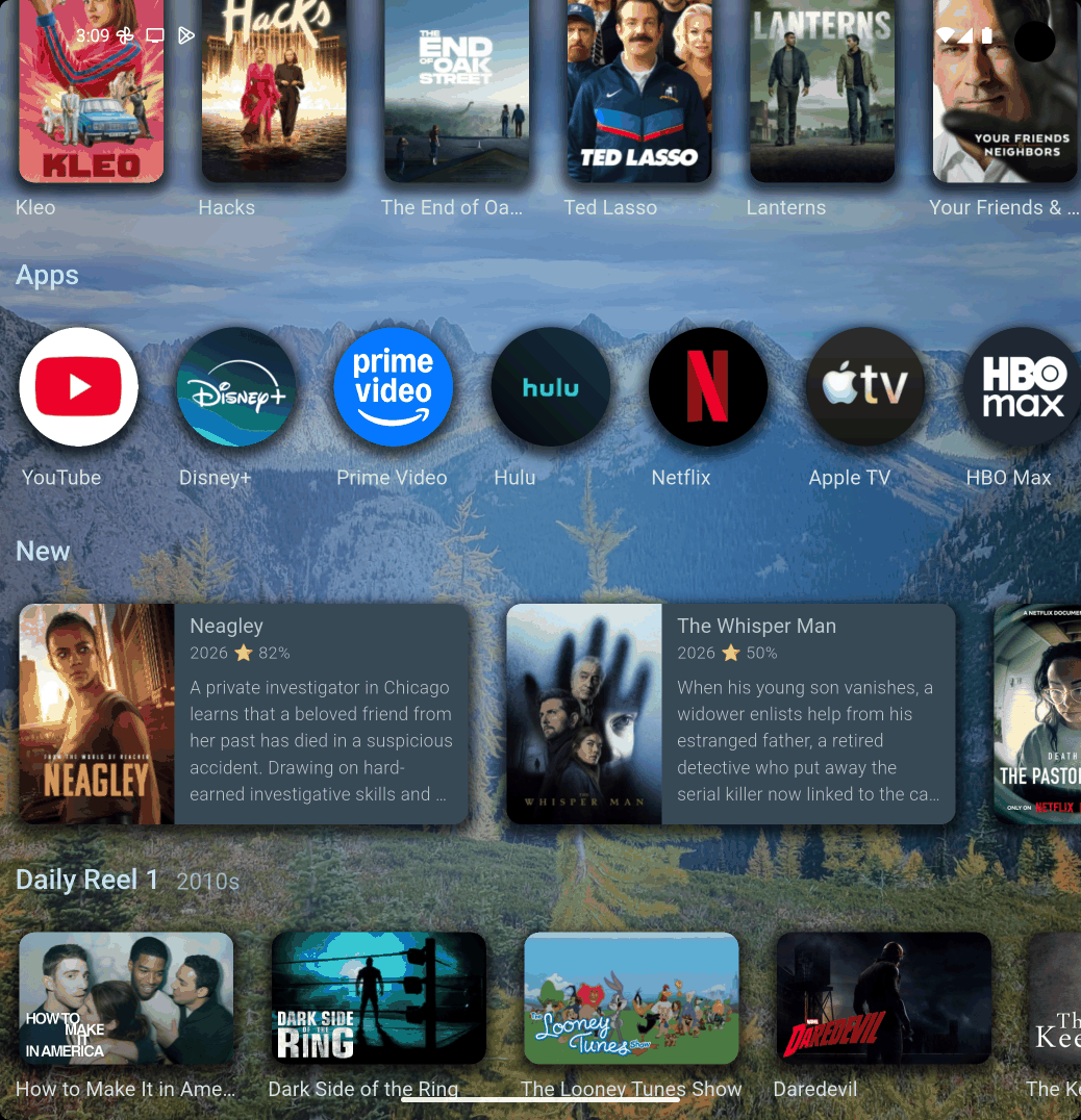 A home screen mixing poster, icon and description card types over a custom background